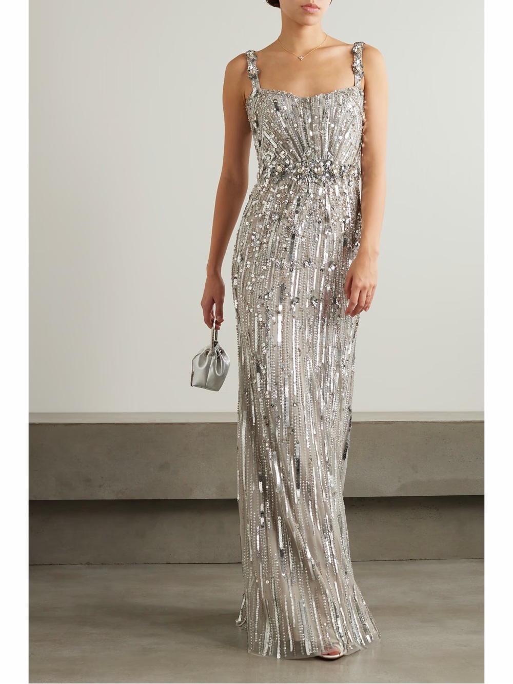 Jenny Packham Silver Sequin Strap Evening Gown